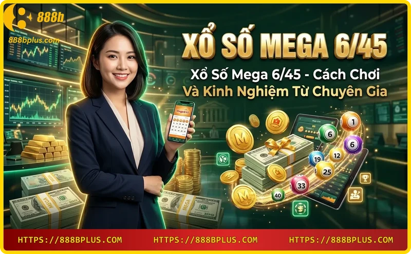 Tay chọn vé số Mega 6/45 với máy quay số và tiền xu